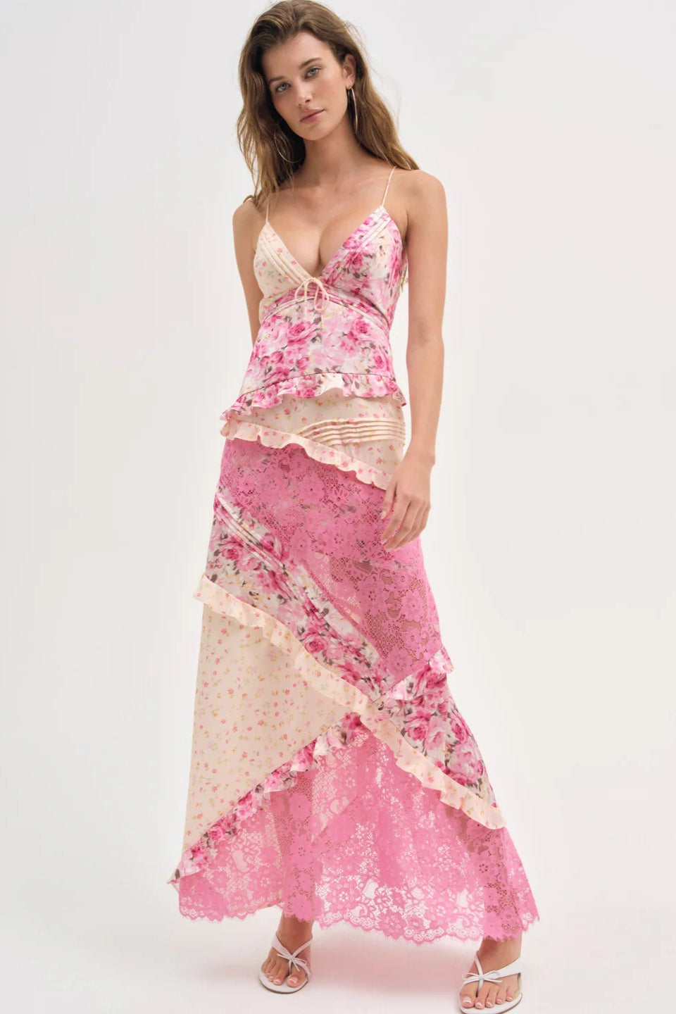 Deep V Neck Tie Front Patchwork Floral Lace Tiered Maxi Dress
