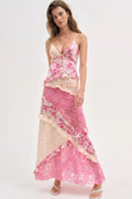 Deep V Neck Tie Front Patchwork Floral Lace Tiered Maxi Dress