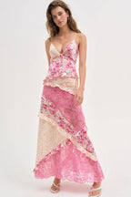 Deep V Neck Tie Front Patchwork Floral Lace Tiered Maxi Dress