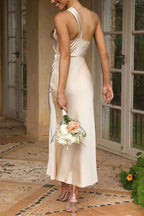 One Shoulder Draped Twist Detail Satin Ankle Length Midi Dress