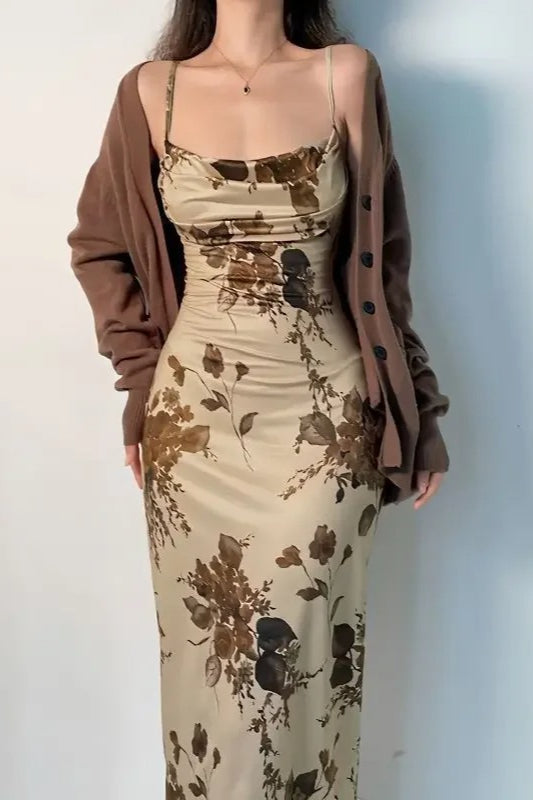 Floral Print Spaghetti Strap Square Neck Satin Slip Midi Dress