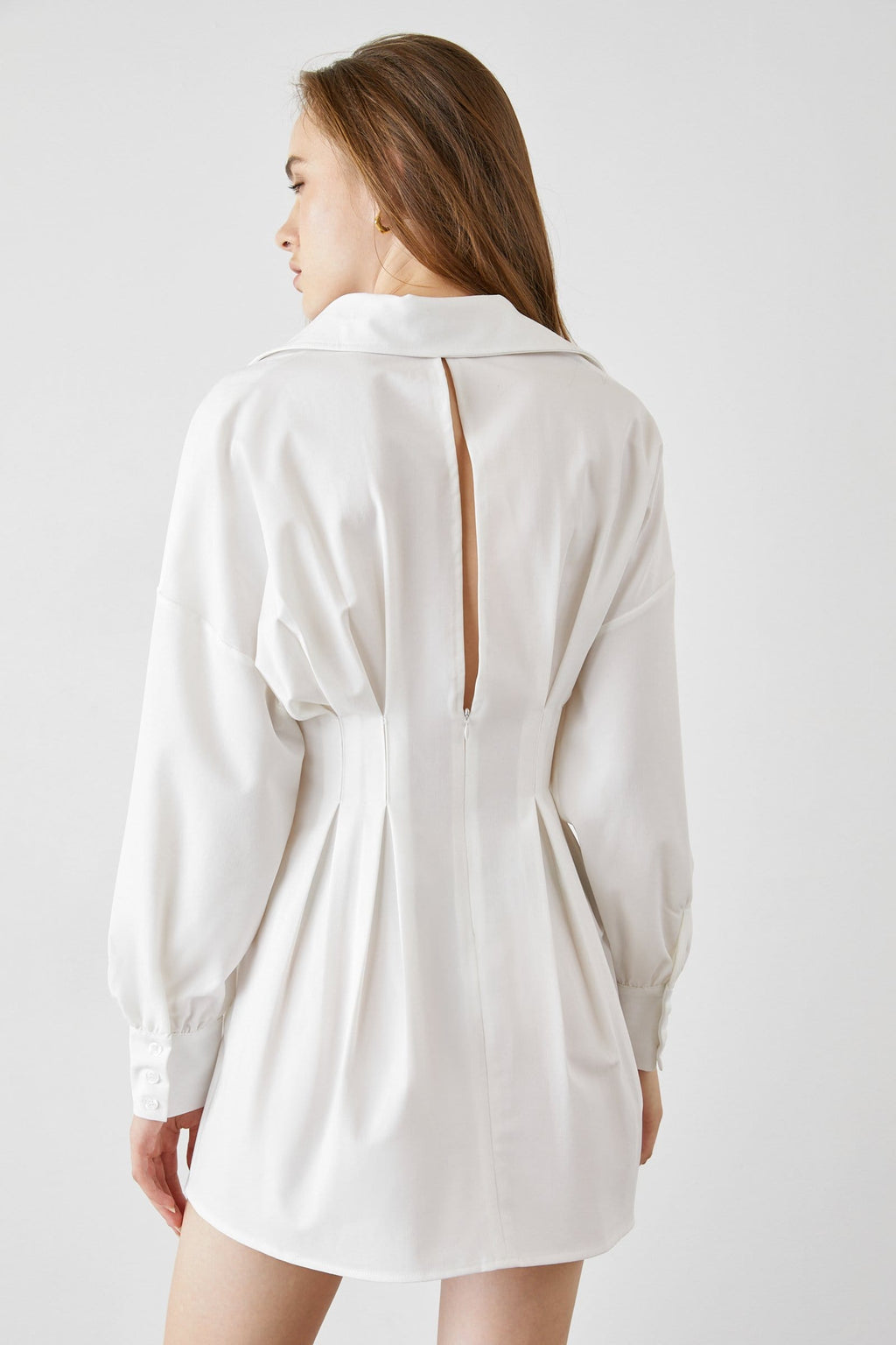 Pointed Collar Puff Sleeve Lace-Up Corset Waist Shirt Mini Dress