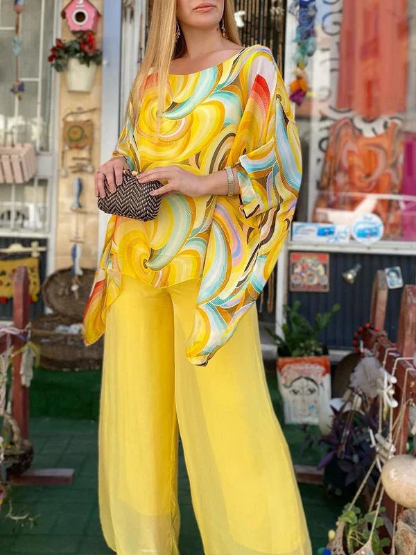 Colorful chiffon print suit two piece set