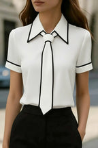 Stylish Color-blocked Trim Collared Short-sleeved Casual Shirt