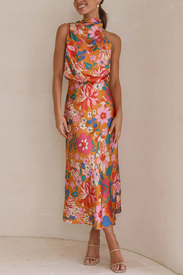 Cowl Neck Sleeveless Floral Print Satin Bias Cut Midi Dress