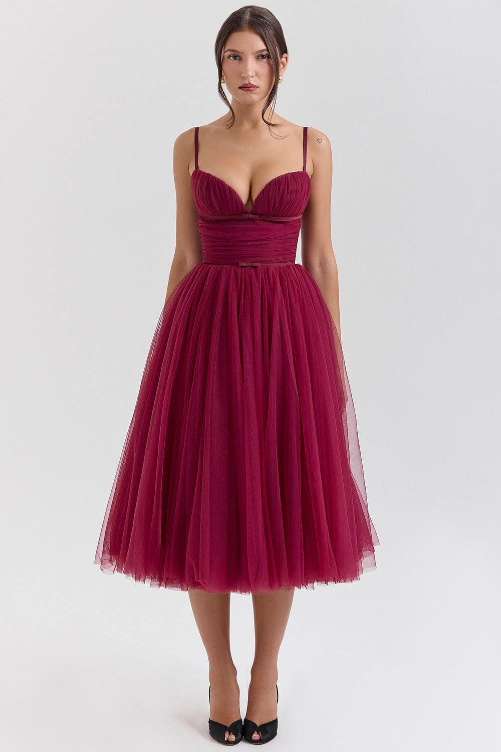 Ruched Sweetheart Pleated Bodice Tulle Layered Skirt Spaghetti Strap Midi Dress
