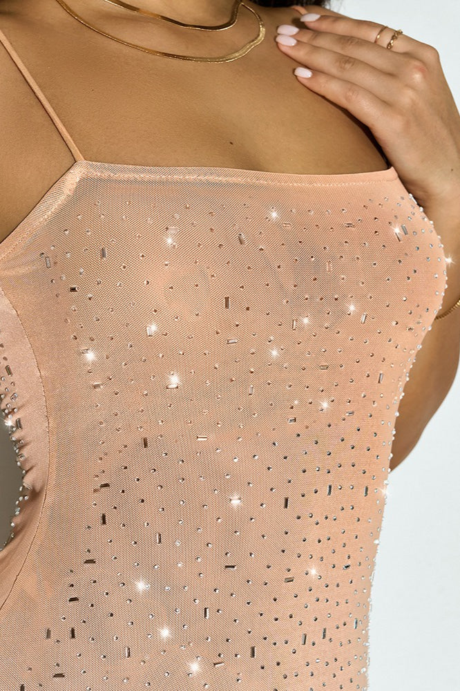 Beige Mesh Rhinestone Cami Maxi Dress