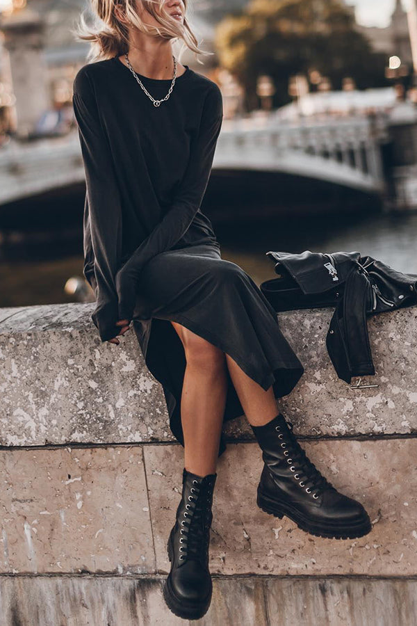 Round Neck Long Sleeve Relaxed Side Slit Maxi Dress