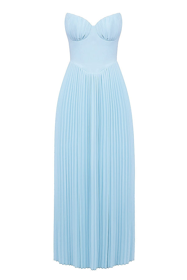 Strapless Sweetheart Pleated Bust Basque Waist Accordion Pleat Maxi Gown