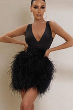 Black Feather Tie Waist Sleeveless Mini Dress