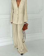 Khaki Deep V-Neck Loose Trousers Office Two Piece Set