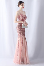 Beaded Mesh Cocktail Maxi Dress