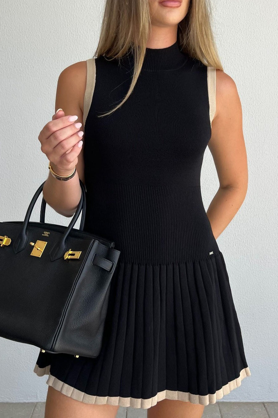 Mock Neck Ribbed Knit Contrast Trim Pleated Mini Sweater Dress