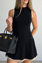 Mock Neck Ribbed Knit Contrast Trim Pleated Mini Sweater Dress