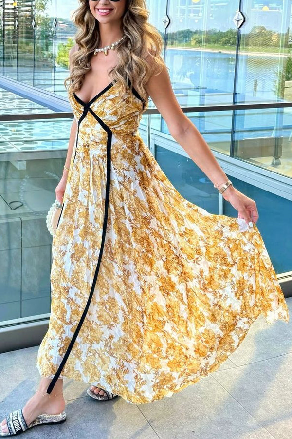 Floral Print Spaghetti Strap Contrast Trim Pleated Maxi Dress