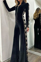 Star-print Velvet Patchwork Zipped Wide-leg Jumpsuit(ONE SIZE DOWN)