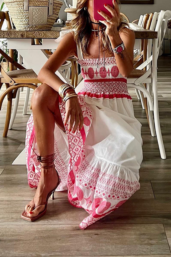 Ethnic Embroidered Smocked Square Neck Shoulder Tie Tiered Maxi Dress