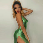 Chainmail Halter Cowl Neck High Slit Belted Mini Dress