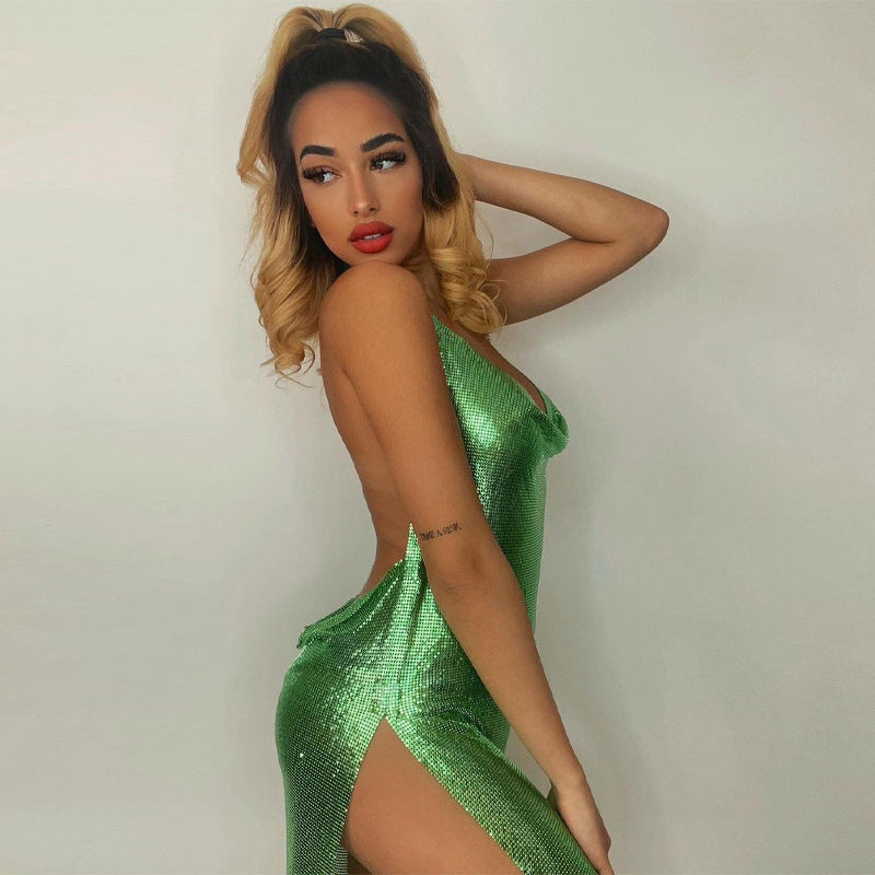 Chainmail Halter Cowl Neck High Slit Belted Mini Dress