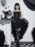 Strapless Lace Trim Corset Ribbon Lace Up High Low Tiered Ruffle Dress