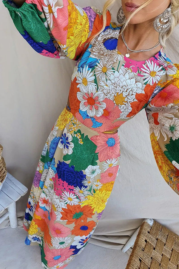 Floral Print Lantern Sleeve Waist Cut Out Maxi Dress