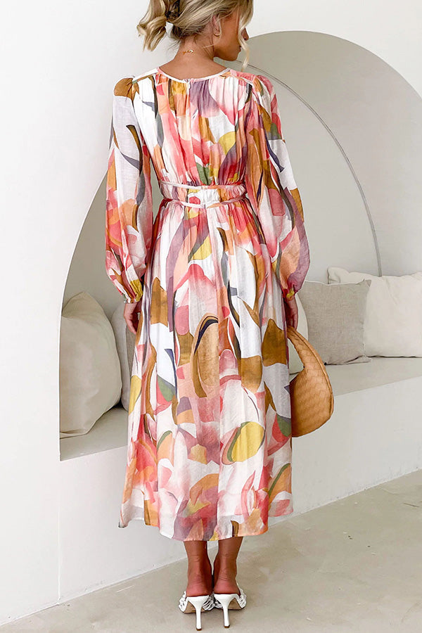 Abstract Watercolor Print Deep V-Neck Lantern Sleeve Smocked Waist Midi Dress