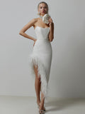 Bodycon Dress Feather Trim Off The Shoulder Asymmetrical Party Club Dresses