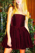 Velvet Square Neck Corset Bodice Pleated Fit and Flare Mini Dress