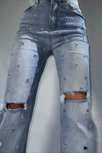 High Waist Rhinestone Ripped Jean