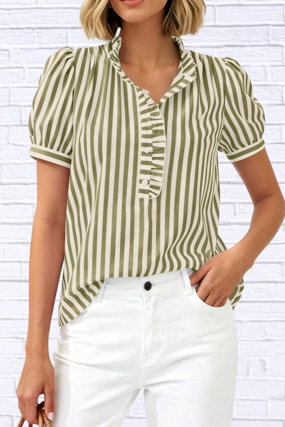 Frill Striped Puff Sleeve Blouse | Chic Women__ Top
