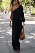 One Shoulder Long Bishop Sleeve Side Slit Flowy Maxi Dress