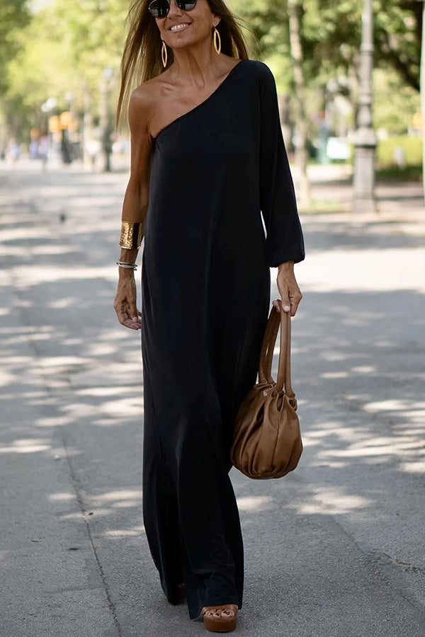 One Shoulder Long Bishop Sleeve Side Slit Flowy Maxi Dress