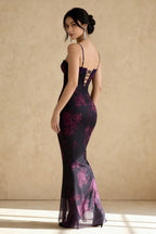 Floral Print Sweetheart Spaghetti Strap Corset Sheer Overlay Maxi Dress