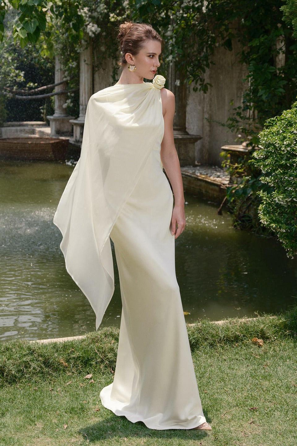 Satin Spaghetti Strap Cowl Neck Rose Scarf Drape Column Maxi Gown