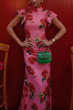 Elegant party cheongsam style rose print layered flared sleeve elastic long skirt