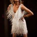Sequin Fringe Deep V-Neck Sleeveless Tiered Mini Cocktail Dress
