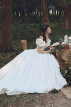 Simple Satin Off Shoulder Train Wedding Dress
