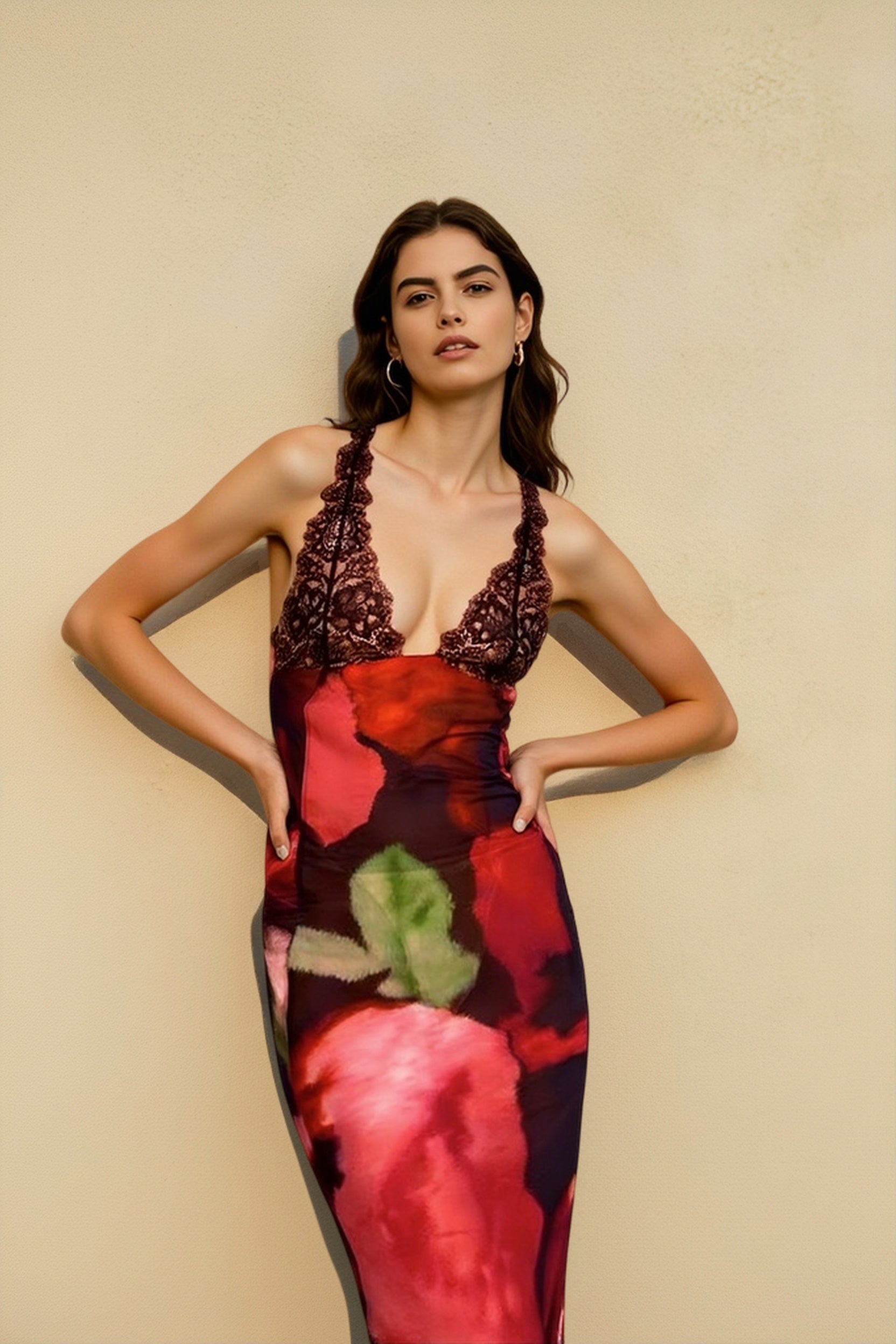 Lace Panel Deep V-Neck Abstract Floral Print Bodycon Midi Dress