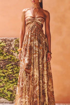 Brown Strapless Lace-up Pleated Dress