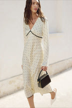 Polka Dot Satin Deep V-Neck Long Sleeve Lace Trim Empire Waist Midi Dress