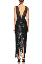 Lace-trimmed Deep V-neck Sequined Dress
