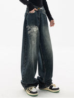Dark Wash Print Vintage Baggy Boyfriend Jeans