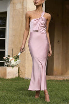 One Shoulder Draped Twist Detail Satin Ankle Length Midi Dress