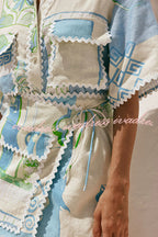 Pierre Linen Blend Ric Rac Trims Unique Print Short Sleeve Shirt and Wrap Tie-up Mini Skirt Set