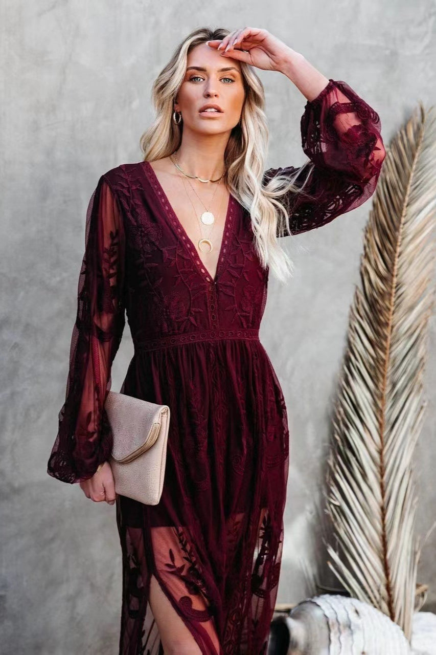 Deep V Neck Long Sleeve Floral Embroidered Mesh High Slit Maxi Dress