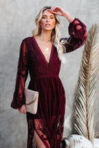 Deep V Neck Long Sleeve Floral Embroidered Mesh High Slit Maxi Dress