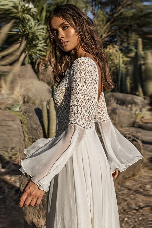 White Deep V Neck Crochet Bodice Bell Sleeve Pleated Maxi Dress