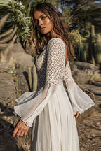 White Deep V Neck Crochet Bodice Bell Sleeve Pleated Maxi Dress