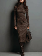 | High Neck Suede Midi Dress