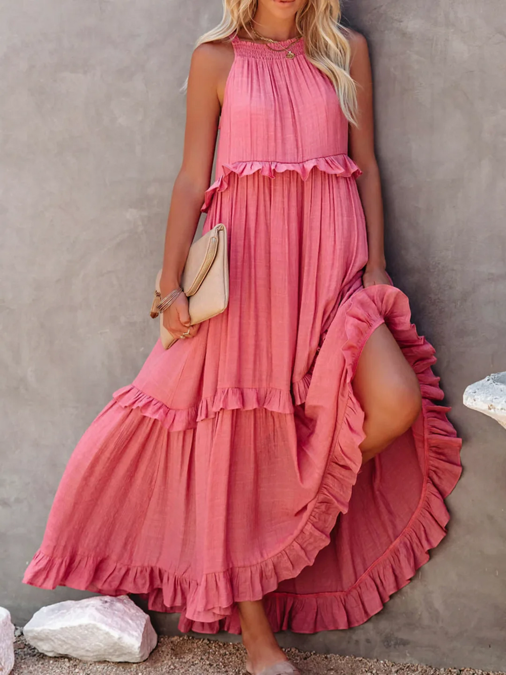 High Neck Smocked Halter Sleeveless Tiered Ruffle Maxi Dress